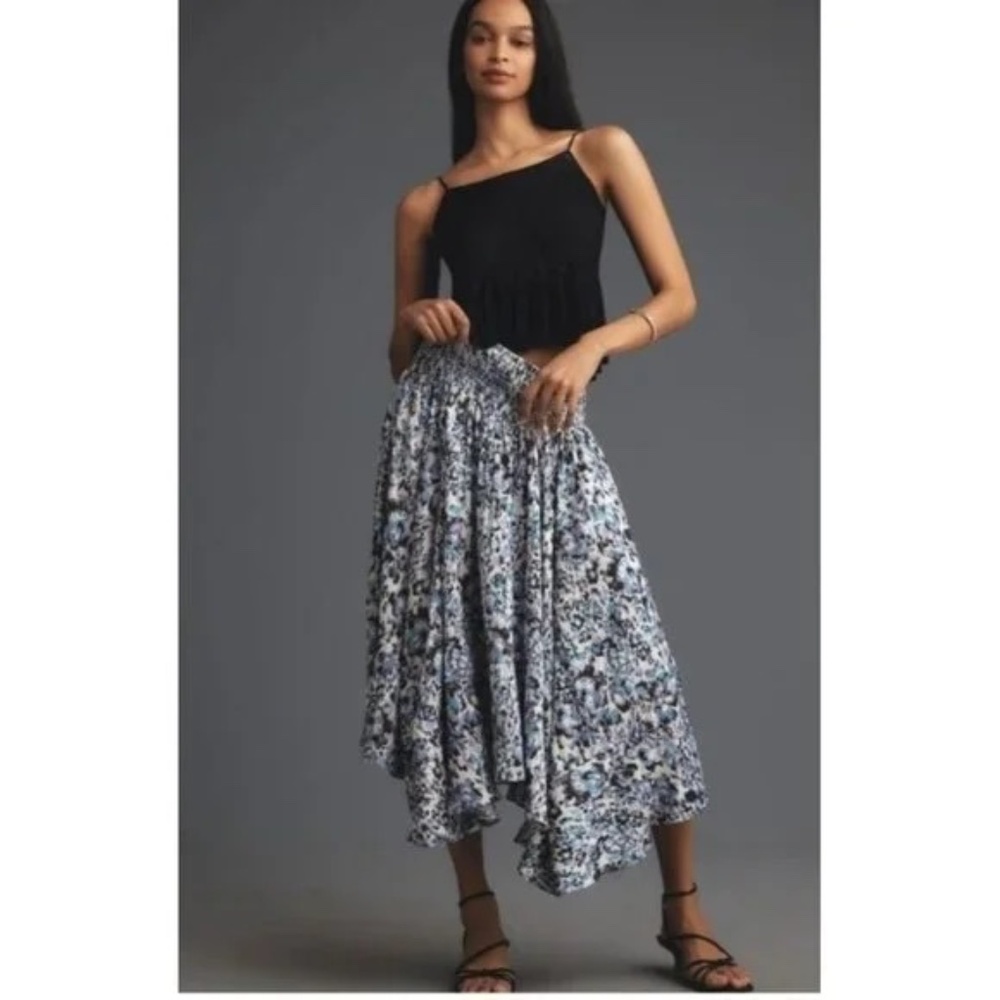 Anthropologie Smocked Waist Full flowy Blue Print Skirt Size S  NWT